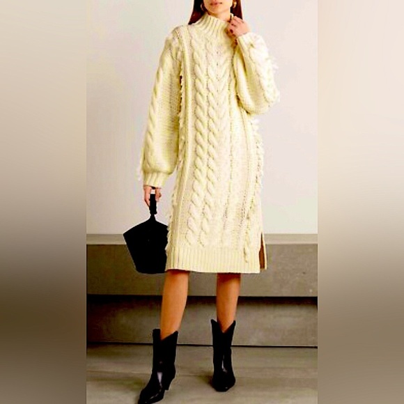FARM Rio Dresses & Skirts - New FARM RIO Ivory Cable Knit Fringe Midi Sweater Dress M MSRP $285